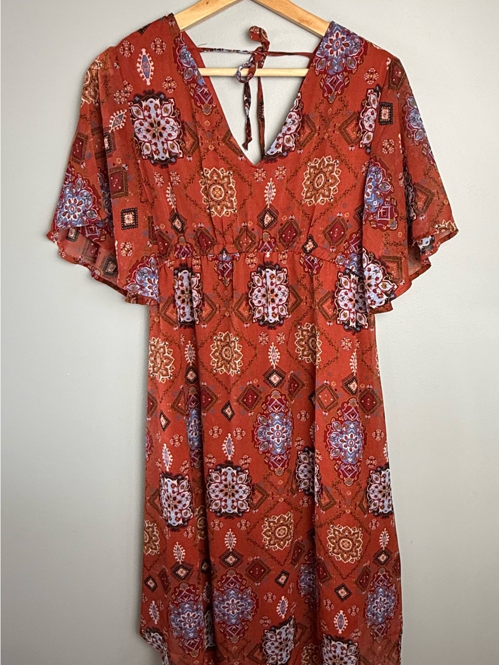 Maurices Rust Floral Midi Dress with Tie Back